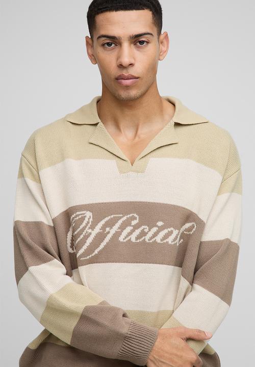 boohooMAN - Official Oversized Revere Colour Block Knitted Polo Jumper - Stone