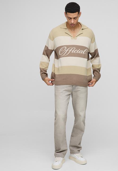 boohooMAN - Official Oversized Revere Colour Block Knitted Polo Jumper - Stone