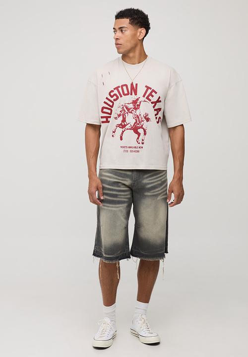 boohooMAN - Oversized Boxy Western Graphic Distressed T-Shirt-Stone