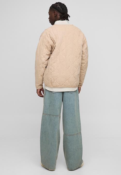 boohooMAN - Oversized Washed Twill Quilted Collarless Bomber Jacket - Stone