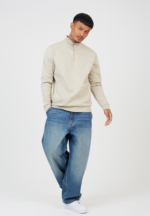 Brave Soul - Quarter Zip Funnel Neck Sweatshirt - Lt Stone