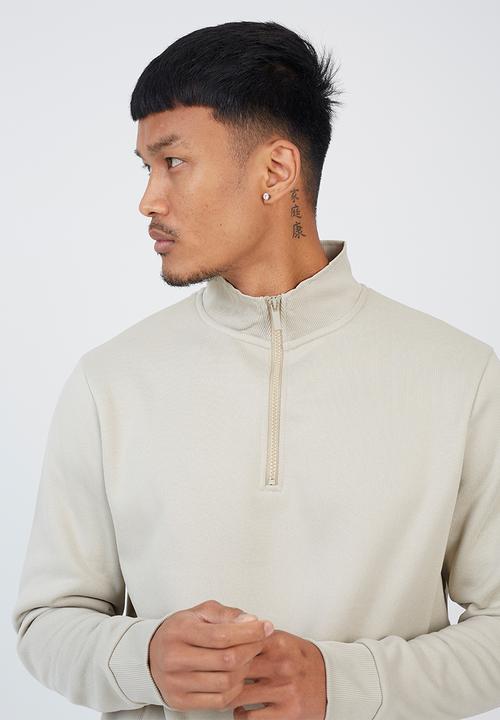 Brave Soul - Quarter Zip Funnel Neck Sweatshirt - Lt Stone