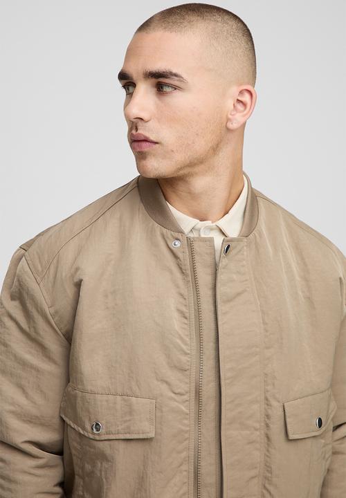 boohooMAN - Regular Fit Peached Crinkle Nylon Bomber Jacket-Stone