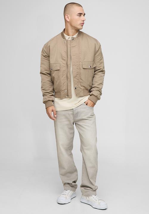 boohooMAN - Regular Fit Peached Crinkle Nylon Bomber Jacket-Stone
