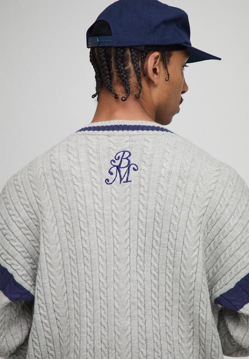 boohooMAN - Oversized Drop Shoulder Boucle Cable Knitted Preppy Cardigan-Light Grey