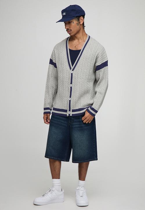 boohooMAN - Oversized Drop Shoulder Boucle Cable Knitted Preppy Cardigan-Light Grey