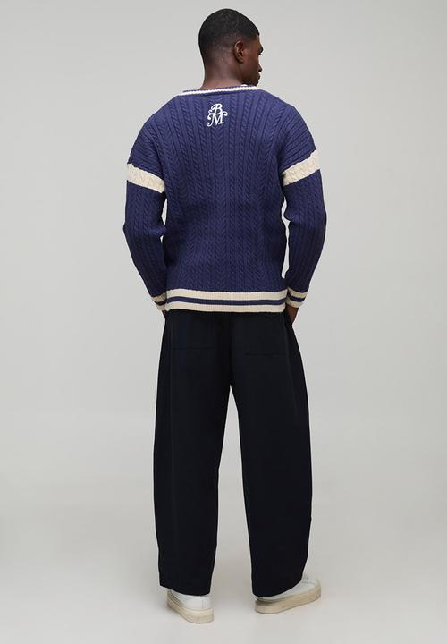 boohooMAN - Oversized Drop Shoulder Boucle Cable Knitted Preppy Cardigan-Navy