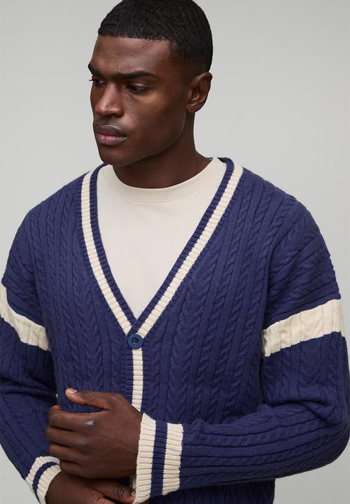 boohooMAN - Oversized Drop Shoulder Boucle Cable Knitted Preppy Cardigan-Navy