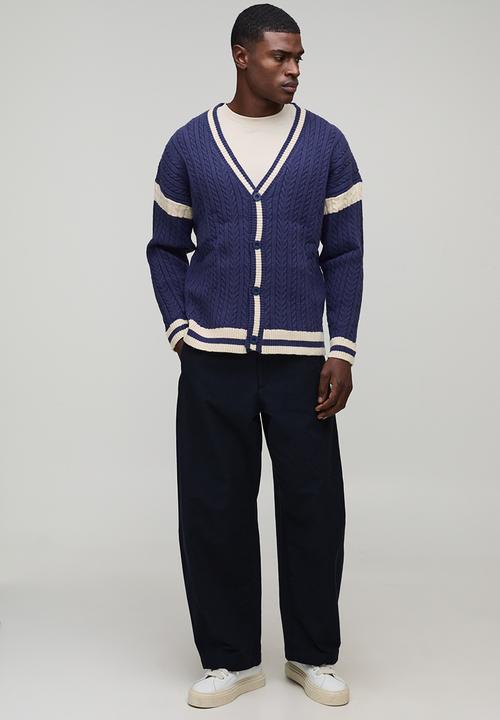 Oversized Drop Shoulder Boucle Cable Knitted Preppy Cardigan-Navy