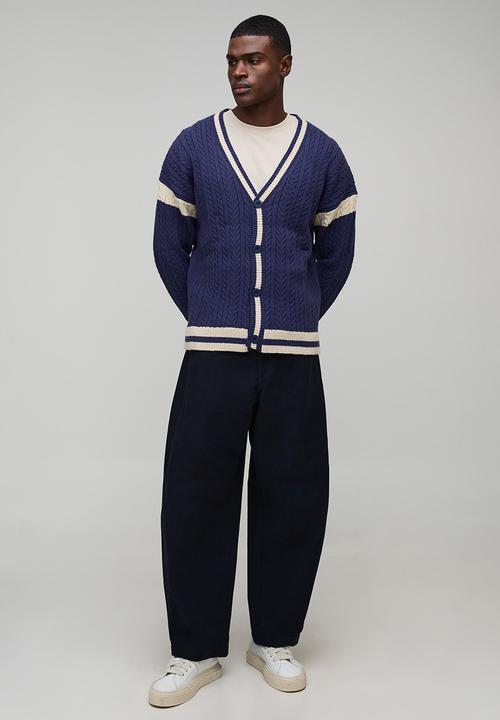 boohooMAN - Oversized Drop Shoulder Boucle Cable Knitted Preppy Cardigan-Navy