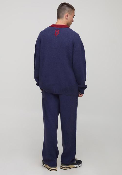 boohooMAN - Oversized Varsity Embroidered Knitted Polo Jumper - Navy