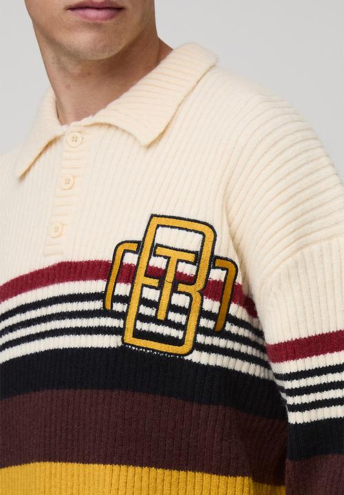 boohooMAN - Oversized Embroidered Varsity Ribbed Knitted Polo Jumper - Ecru