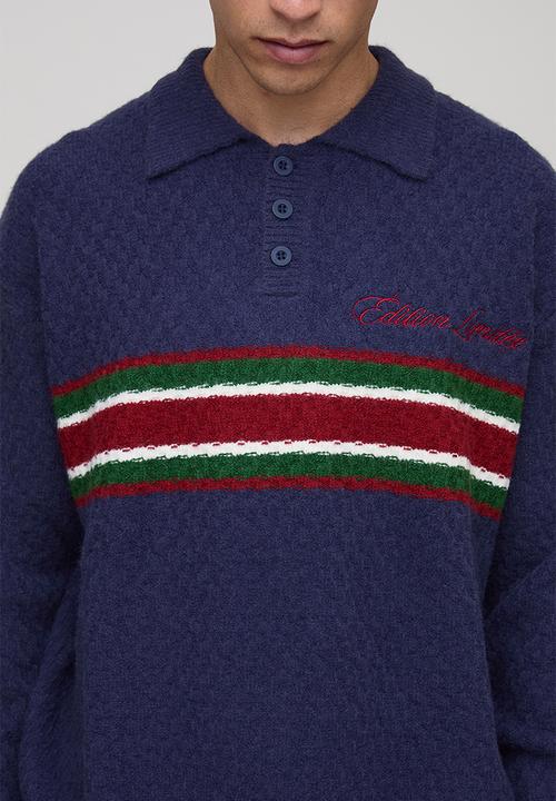 boohooMAN - Oversized Embroidered Panel Textured Knitted Polo - Navy