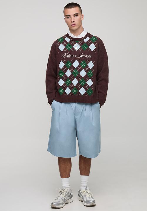 boohooMAN - Boxy Embroidered Diamond Argyle Knitted Jumper - Chocolate