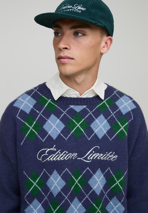 boohooMAN - Boxy Embroidered Diamond Argyle Knitted Jumper - Navy