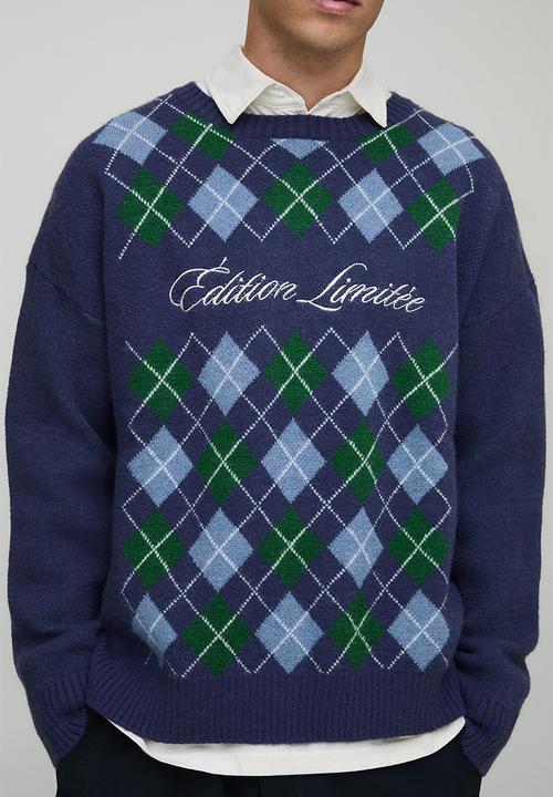 boohooMAN - Boxy Embroidered Diamond Argyle Knitted Jumper - Navy