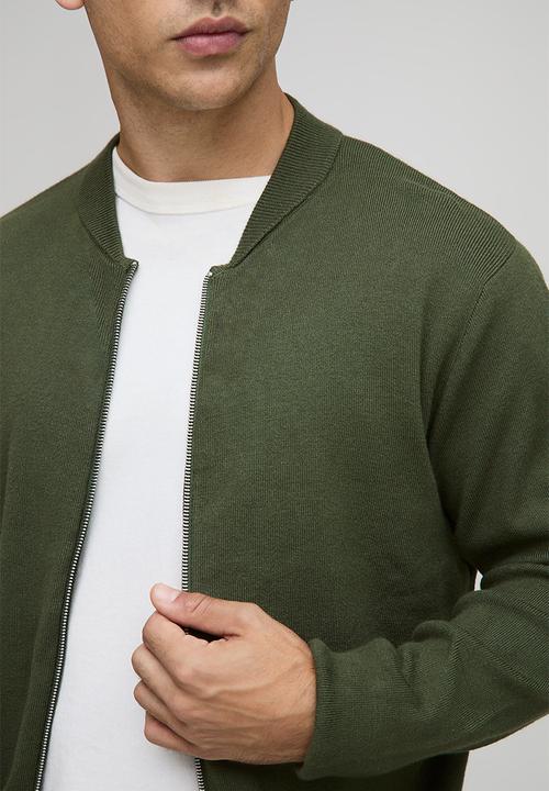 boohooMAN - Regular Fit Smart Knitted Bomber Jacket - Olive