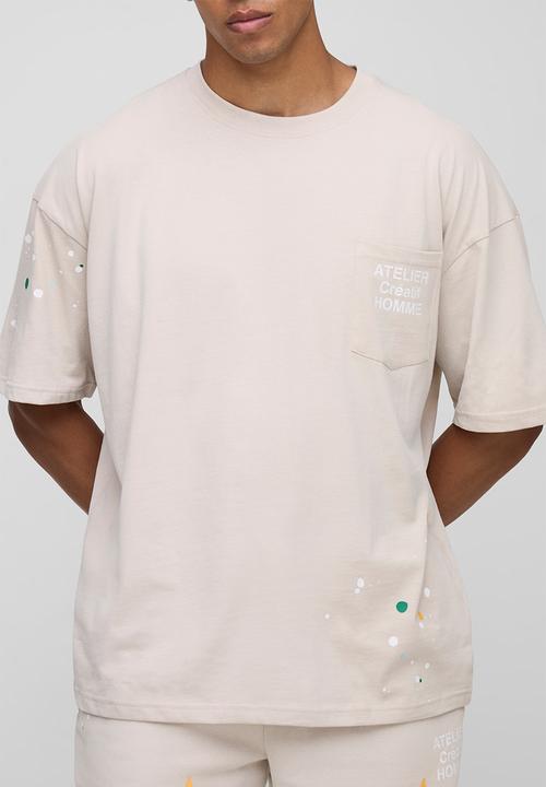 boohooMAN - Oversized Atelier Washed Paint Splatter Pocket T-Shirt - Stone