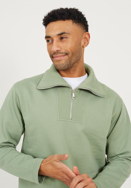 High Funnel Neck Quarter Zip Sweatshirt - Mint Green