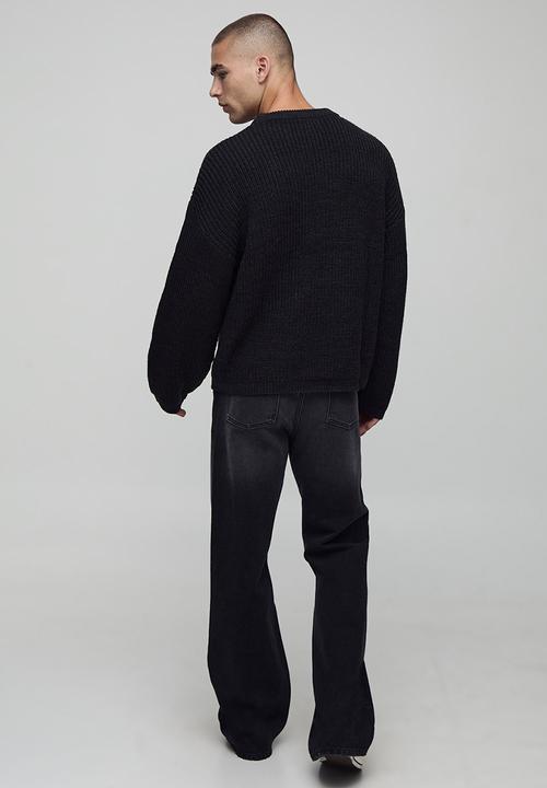 boohooMAN - Boxy Fit Ribbed Knitted Jumper - Charcoal