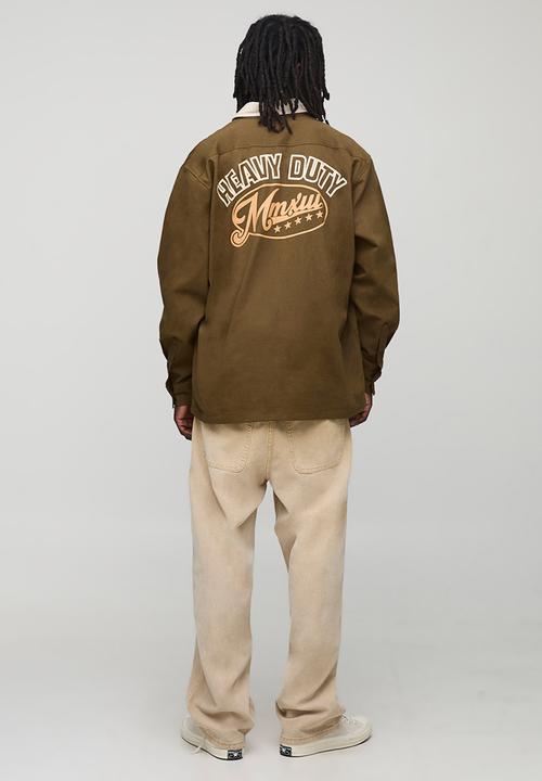 boohooMAN - Oversized Heavy Duty Printed Collared Shirt - Khaki