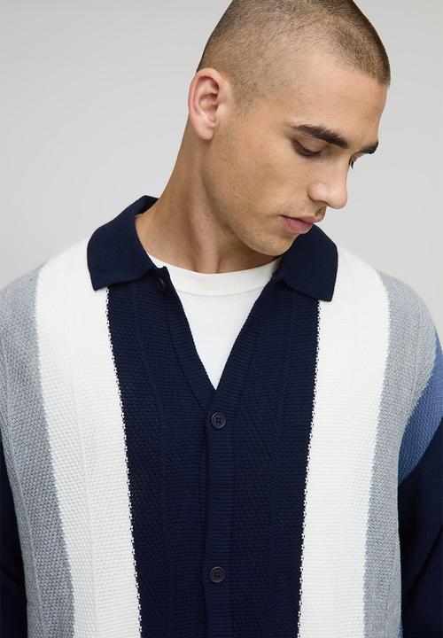 boohooMAN - Oversized Boxy Colour Block Knitted Long Sleeve Shirt - Navy