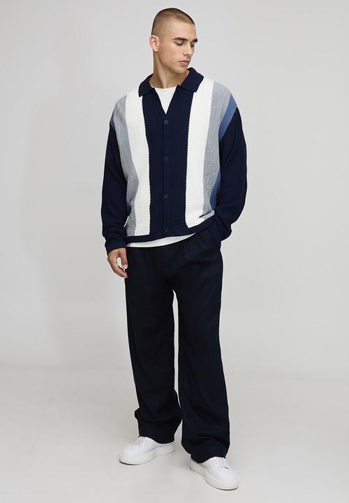 boohooMAN - Oversized Boxy Colour Block Knitted Long Sleeve Shirt - Navy