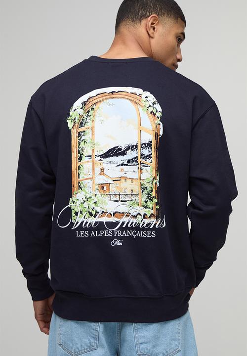 boohooMAN - Navy Relaxed Fit Chalet Landscape Printed Sweatshirt - Navy