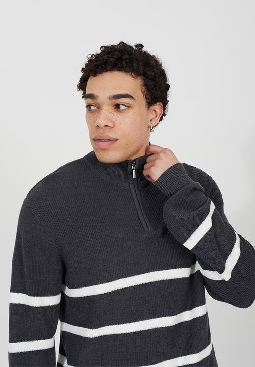 Brave Soul - 1/4 Zip Finnel - Dark Charcoal Marl /Optic White