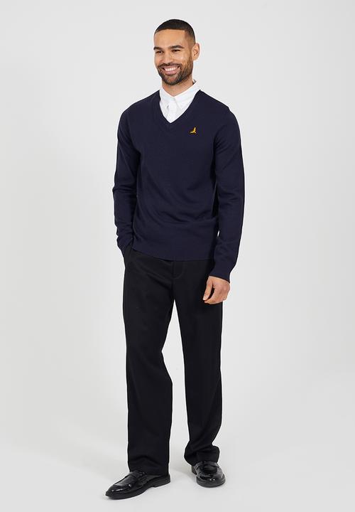 Brave Soul - V-Neck Knitted Jumper - Midnight Navy/Optic White