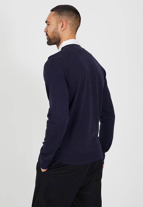 Brave Soul - V-Neck Knitted Jumper - Midnight Navy/Optic White
