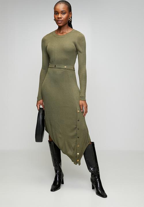 Trendyol - Midi Knitwear Snap Detail Long Dress - Khaki