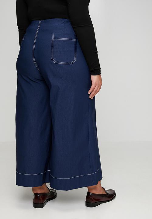 Me&B - Plus Stretch Wide Leg Cropped Pants - Navy