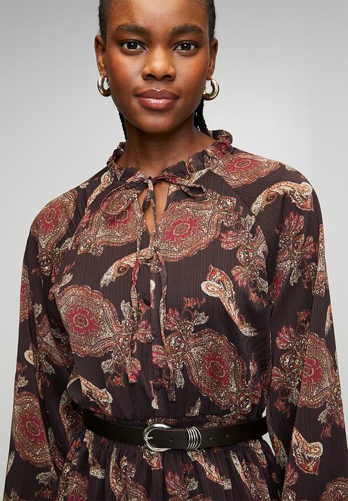 Trendyol - Lined Shawl Pattern Woven Chiffon Dress - Brown