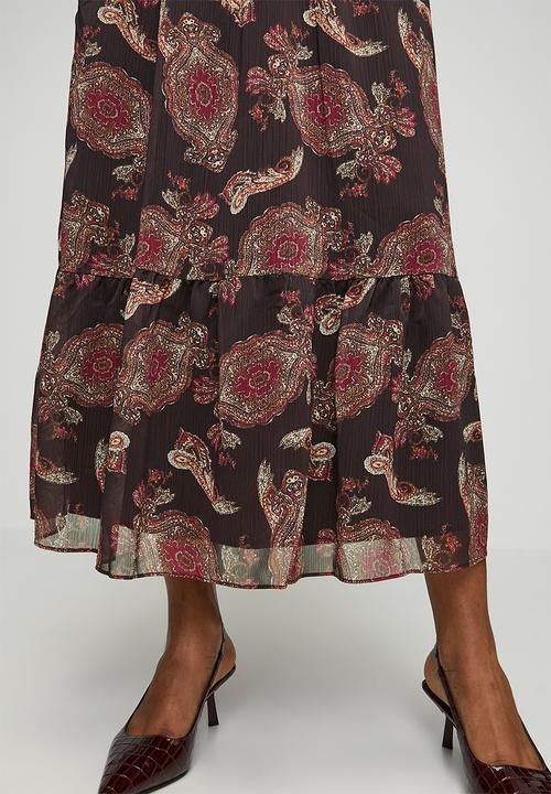Trendyol - Lined Shawl Pattern Woven Chiffon Dress - Brown