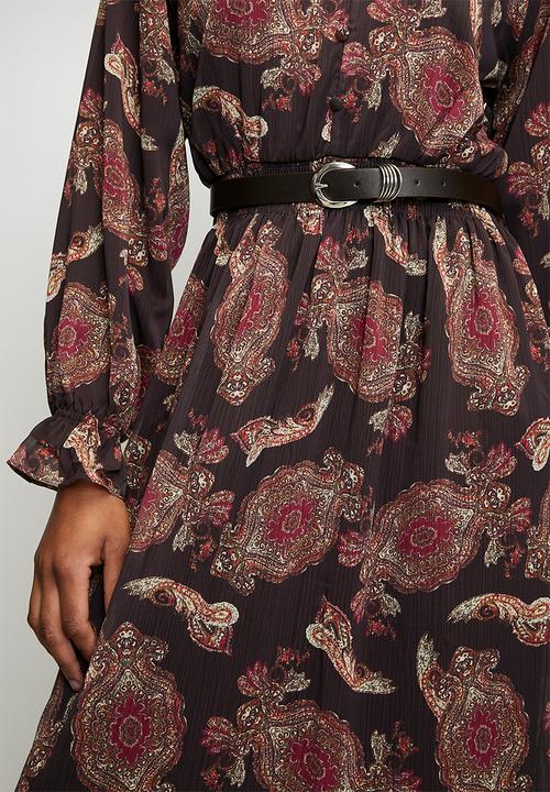 Trendyol - Lined Shawl Pattern Woven Chiffon Dress - Brown