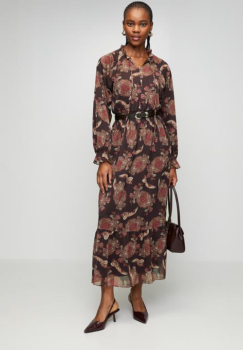 Trendyol - Lined Shawl Pattern Woven Chiffon Dress - Brown