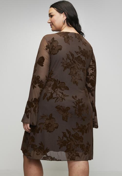 Trendyol - Plus Flock Printed Knitted Dress - Brown