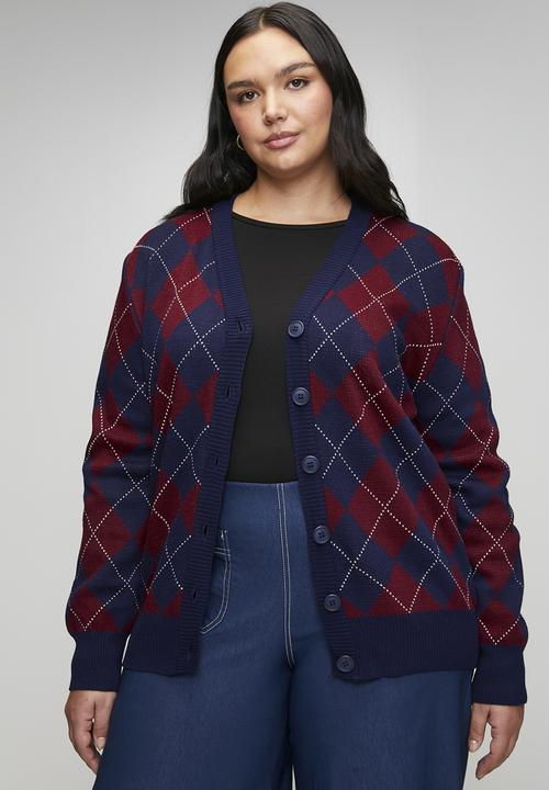 Trendyol - Diamond Patterned V-Neck Knitwear Cardigan - Navy Blue & Burgundy