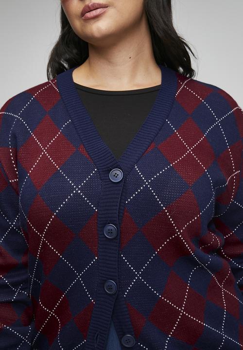 Trendyol - Diamond Patterned V-Neck Knitwear Cardigan - Navy Blue & Burgundy