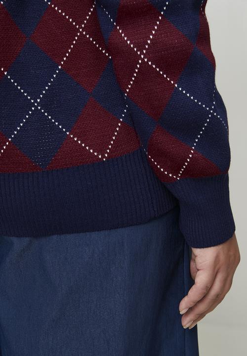 Trendyol - Diamond Patterned V-Neck Knitwear Cardigan - Navy Blue & Burgundy