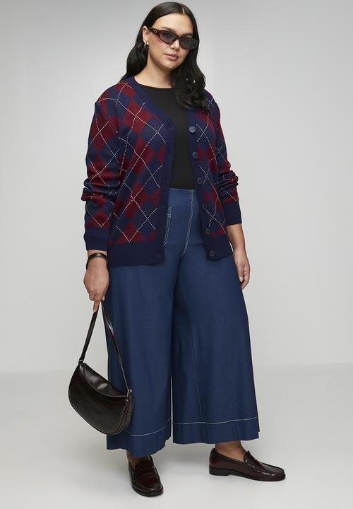 Trendyol - Diamond Patterned V-Neck Knitwear Cardigan - Navy Blue & Burgundy