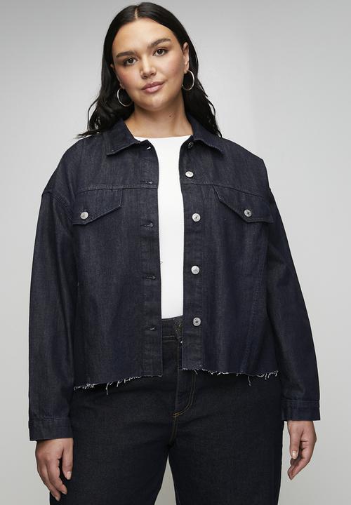 Trendyol - Oversize Loose Fit Cropped Denim Plus Size Jacket - Dark Blue