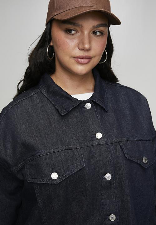 Trendyol - Oversize Loose Fit Cropped Denim Plus Size Jacket - Dark Blue