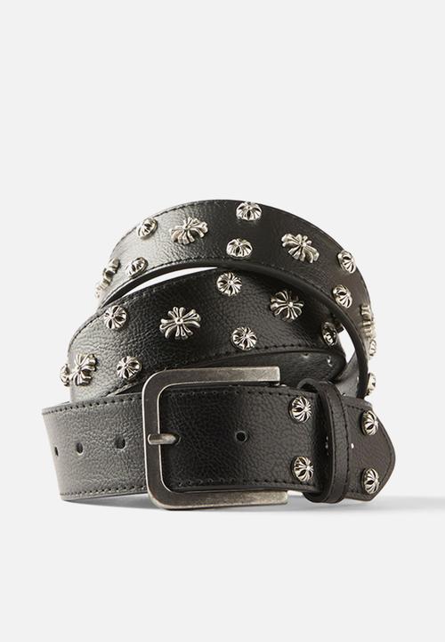 Cotton On - Stud Belt - Worn Black/Burnished Silver/Cross Studs