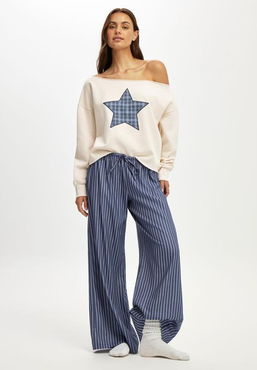 Cotton On - Cosy soft flannel wide leg pant - gerry stripe steely blue
