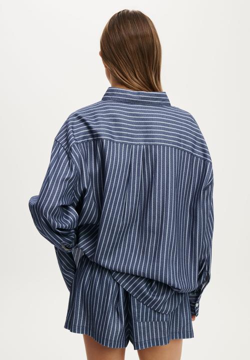 Cotton On - Cosy soft flannel oversized shirt - gerry stripe steely blue