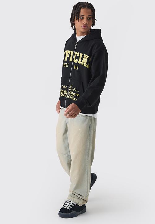 Oversized Boxy Offcl Print Zip Through Hoodie - Black