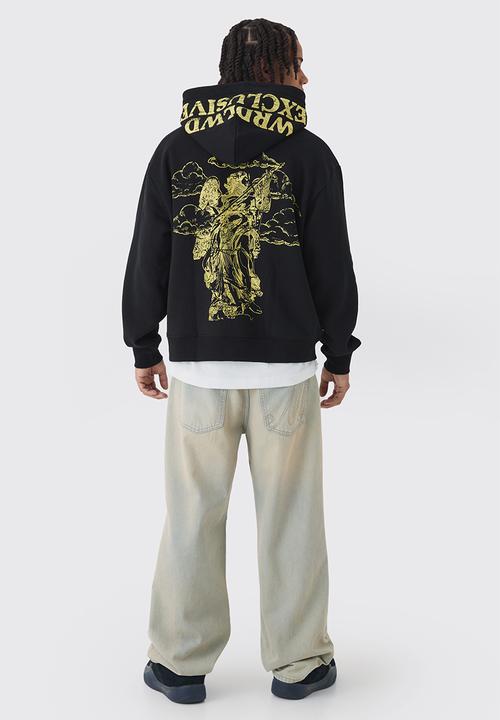 boohooMAN - Oversized Boxy Offcl Print Zip Through Hoodie - Black