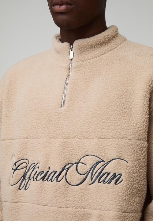 boohooMAN - Oversized Boxy Borg Panel Slogan Quarter Zip Funnel Sweatshirt - Sand